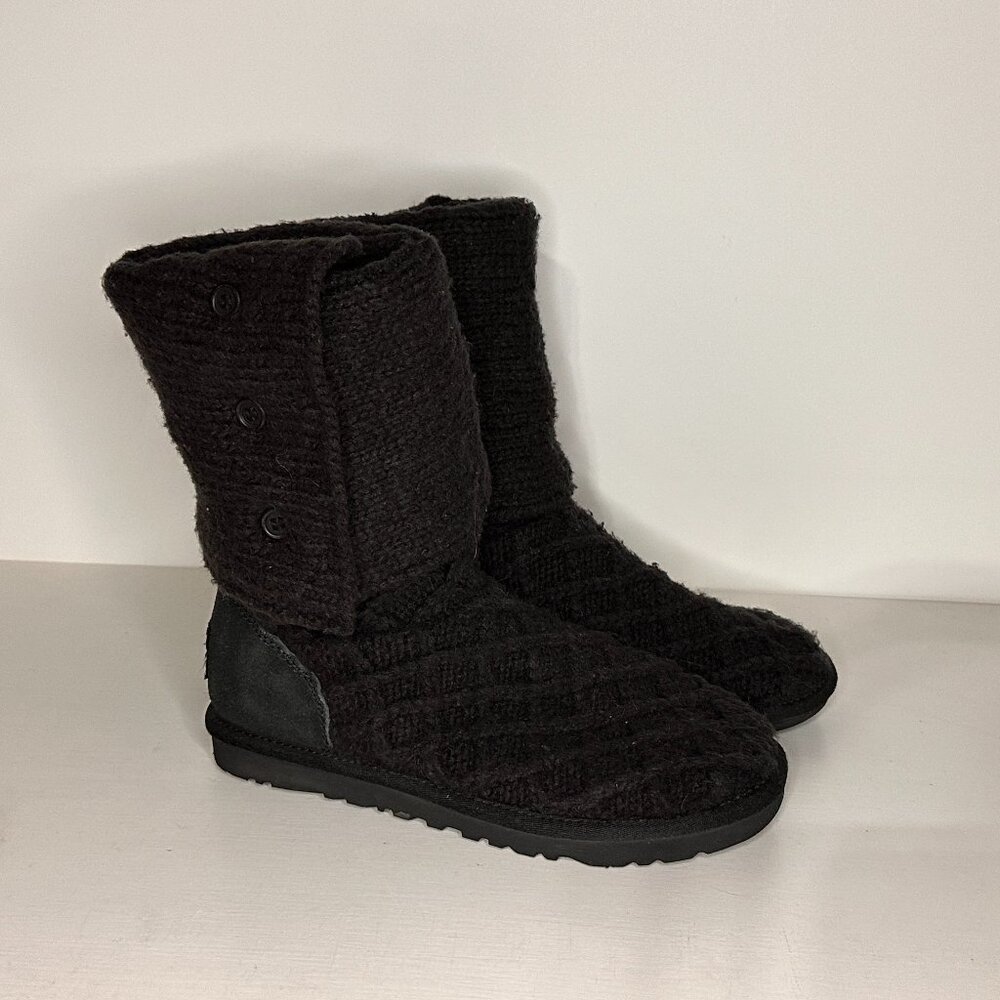 Ugg (3066) Cardy Lattice Knit Black Sweater 3 Button Boots Women Size 8
